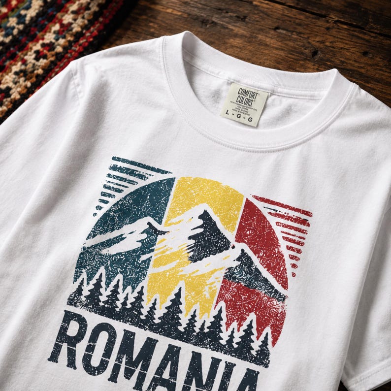May include: A white short-sleeve t-shirt featuring a distressed graphic of the Romanian flag colors in a circular design. The print includes silhouettes of mountains and pine trees with the word ROMANIA in bold dark blue capital letters.