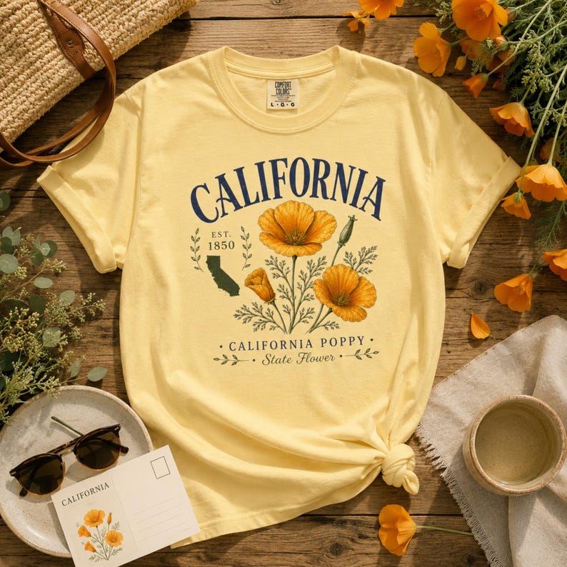 Puede incluir: Una camiseta amarillo claro con un dise&ntilde;o azul marino que presenta la palabra "CALIFORNIA" sobre amapolas de California naranjas. La camiseta tambi&eacute;n incluye el texto "EST. 1850", un mapa de California y "CALIFORNIA POPPY - State Flower".