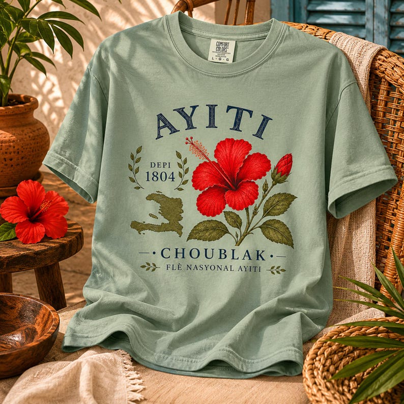May include: A sage green short-sleeve t-shirt featuring a graphic print with the text AYITI, DEPI 1804, CHOUBLAK, and FL&Egrave; NASYONAL AYITI. The design includes a large red hibiscus flower, green leaves, and a map outline of Haiti in olive green.