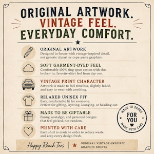 Puede incluir: Un gr&aacute;fico de estilo vintage con el texto "ORIGINAL ARTWORK. VINTAGE FEEL. EVERYDAY COMFORT." Texto adicional describe las camisetas como de tacto suave te&ntilde;ido en prenda, car&aacute;cter de impresi&oacute;n vintage y ajuste unisex relajado. La marca "Happy Roach Tees" tambi&eacute;n es visible.
