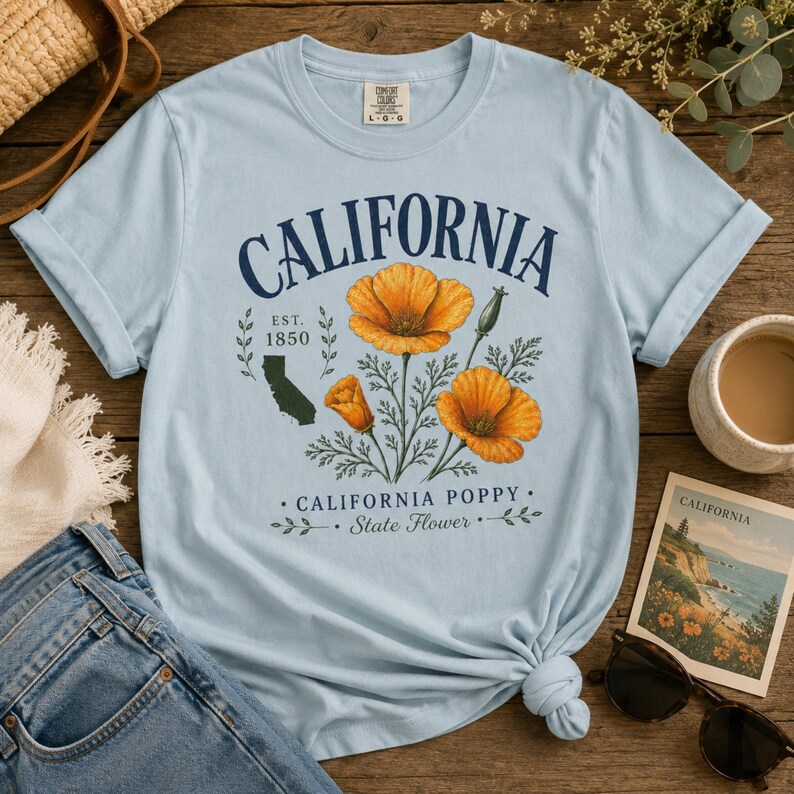 Puede incluir: Camiseta azul claro con la palabra "CALIFORNIA" en texto arqueado azul marino y una ilustraci&oacute;n de amapolas de California naranjas. La camiseta tambi&eacute;n incluye el texto "EST. 1850" y "CALIFORNIA POPPY &bull; State Flower".