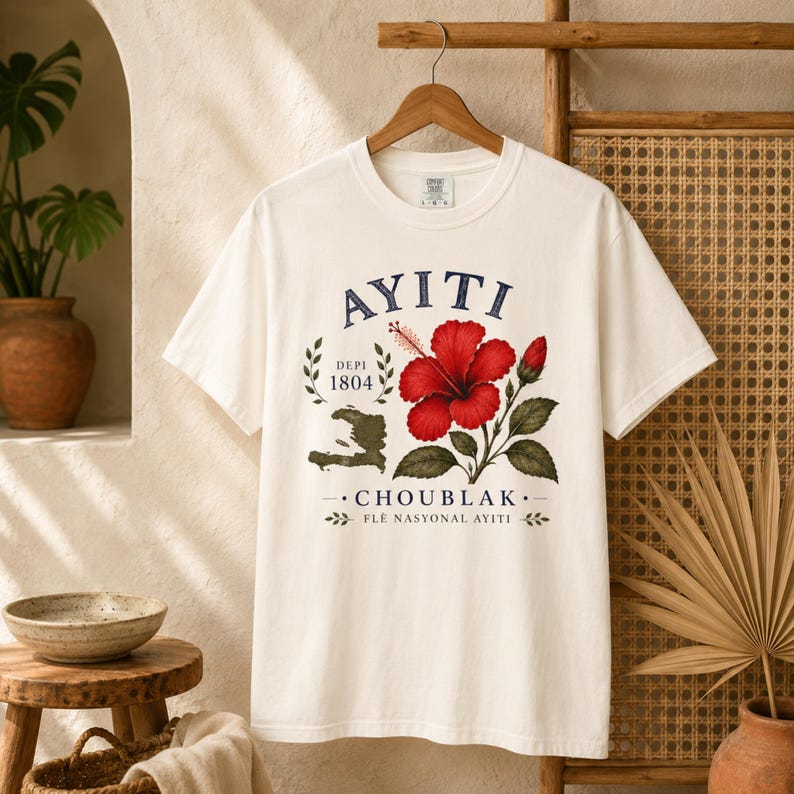May include: An off-white short-sleeve t-shirt featuring a graphic print with the text AYITI, DEPI 1804, and CHOUBLAK FLE NASYONAL AYITI. The design includes a red hibiscus flower, a green map of Haiti, and decorative leaf accents.