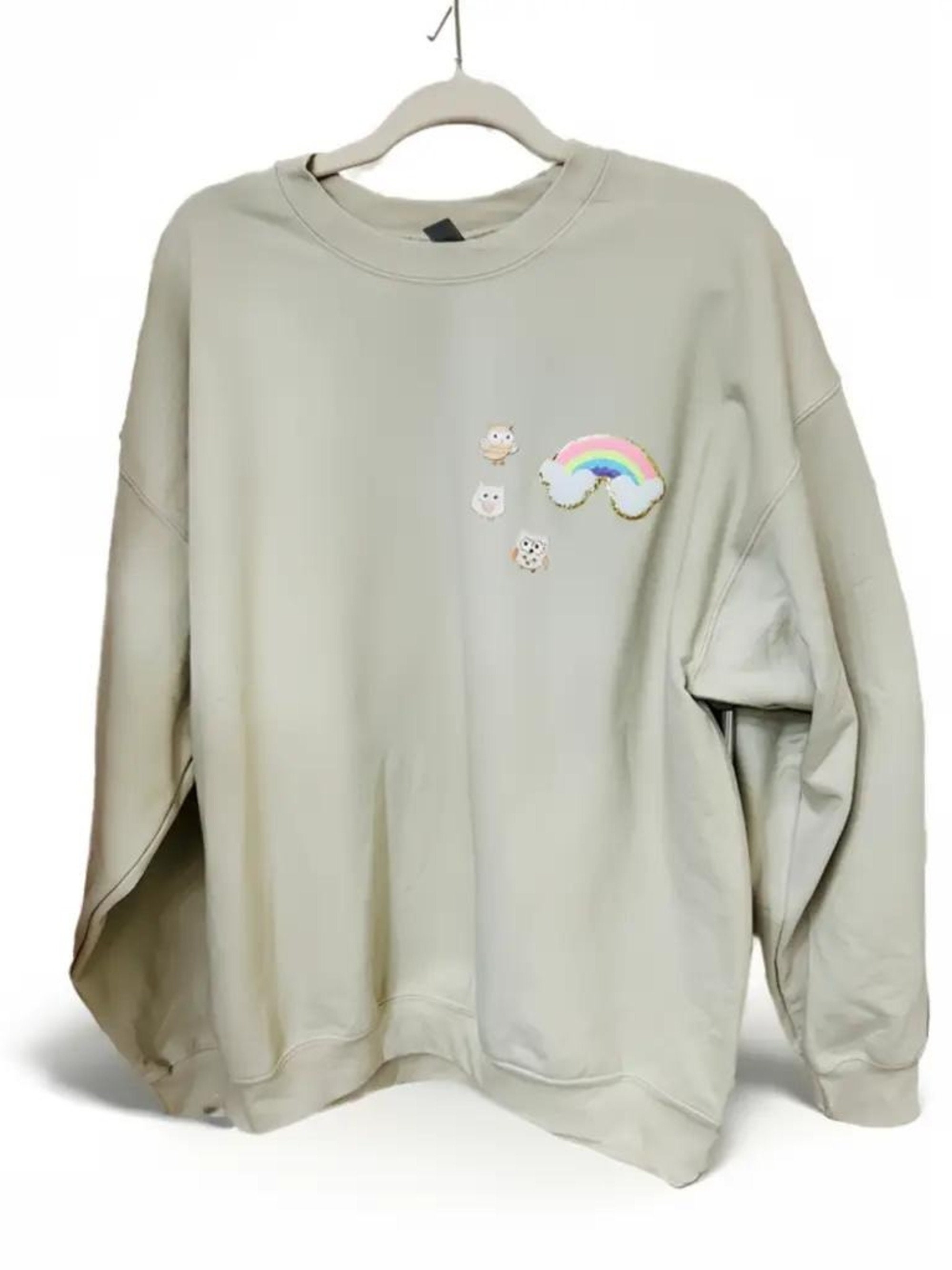Sweatshirt with Rainbow Chenille Patch, Owl and Bird embroidery patches