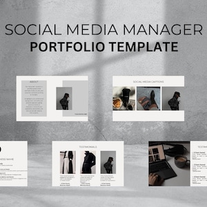 Puede incluir: Una plantilla de portafolio para gerentes de redes sociales. La plantilla incluye secciones para acerca de, leyendas de redes sociales, testimonios e información de contacto. La plantilla está diseñada en un estilo minimalista con colores blanco y negro.