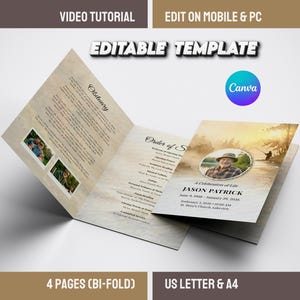 Könnte beinhalten: Ein offenes, zweifach gefaltetes Nachruf-Template mit dem Text "Editable Template" und "Video Tutorial". Das Template enthält ein Foto, den Namen "Jason Patrick" und das Canva-Logo. Es ist für US Letter und A4 Papierformate konzipiert.