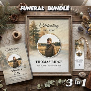 Forest Hunter Funeral Program Bundle, Canva Bearbeitbares Gedenkschild und Lesezeichen Vorlage