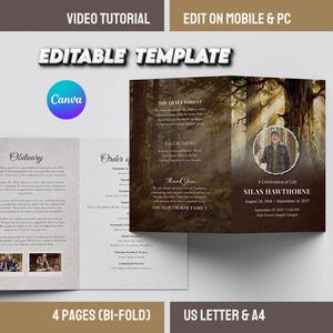 May include: A bi-fold memorial template with a forest scene on the cover. The template includes text fields for an obituary, order of service, and a thank you message. The template is available in US Letter and A4 sizes.