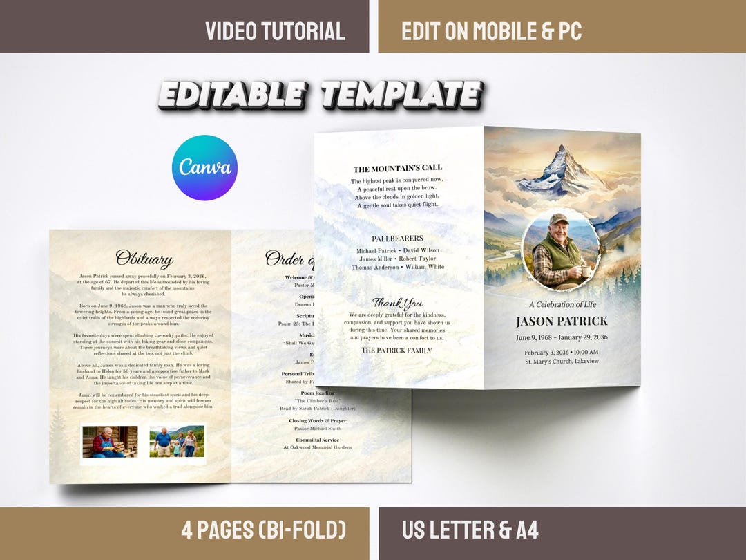 Mountain Funeral Program Template, Hiking Celebration of Life Obituary