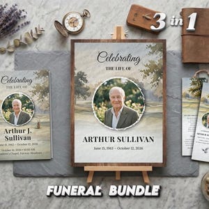 May include: A funeral bundle featuring a framed memorial, a booklet, and a bookmark, all with a portrait and the text "Celebrating the Life of Arthur J. Sullivan." The bundle includes a leather-bound journal and a pen. The words "Funeral Bundle" are also visible.