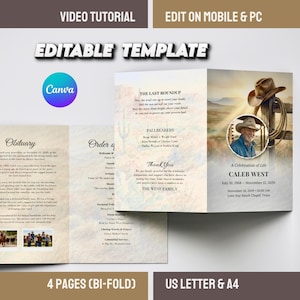 Peut inclure: Un modèle modifiable plié en deux sur le thème de l'Ouest. Le modèle comprend le texte « Tutoriel vidéo », « Modifier sur mobile et PC » et « Modèle modifiable ». Le modèle est pour une célébration de la vie de Caleb West.