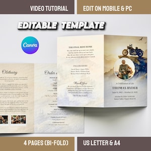 May include: A bi-fold memorial template with a vintage aesthetic. The design includes a motorcycle, a portrait, and text that reads "A Celebration of Life." The template is available in US Letter and A4 sizes.