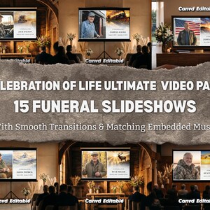 May include: A digital collection titled Celebration of Life Ultimate Video Pack 15 Funeral Slideshows with smooth transitions and matching embedded music, featuring multiple examples of memorial video templates displayed on screens in various settings.