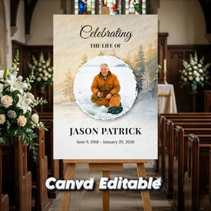 以下が含まれることがあります： イーゼルに立てられた記念の看板。写真の上に「Celebrating THE LIFE OF」の文字があり、男性の写真が写っています。看板には「JASON PATRICK」と生年月日と死亡予定日が書かれています。「Canva Editable」の文字が下にあります。