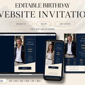 Könnte beinhalten: Eine bearbeitbare Geburtstagseinladung als Website-Vorlage auf Laptop, Smartphone und gedruckter Karte. Das dunkelblaue Design enthält goldenen Text, einen Fotoplatzhalter und RSVP-Details. Text: EDITABLE BIRTHDAY WEBSITE INVITATION.