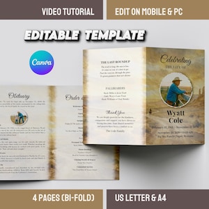 May include: A bi-fold obituary template with a rustic design. The template includes sections for an obituary, order of service, and a celebration of life. The text includes "Editable Template", "Video Tutorial", and "Edit on Mobile & PC". The template is available in US Letter & A4 sizes.