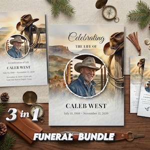 Może przedstawiać: Pakiet pogrzebowy z motywem kowbojskim, zawierający kartę pamiątkową, zakładkę i kartę portfelową. Projekt przedstawia portret mężczyzny w kapeluszu kowbojskim oraz tekst "Celebrating the Life of Caleb West". Zestaw ma rustykalną estetykę.