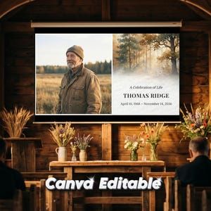 May include: A memorial service setting with a screen displaying a photo of a man and a landscape. The text "A Celebration of Life" and the name "THOMAS RIDGE" are visible. The room is decorated with flowers and wooden furnishings.