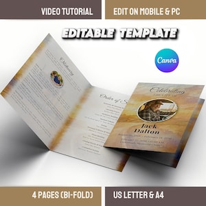 May include: A bi-fold memorial template with a sunset design. The cover features a photo and the text "Celebrating the Life of Jack Dalton." The template includes the text "Obituary" and "Order of Service." The template is available in US Letter and A4 sizes.