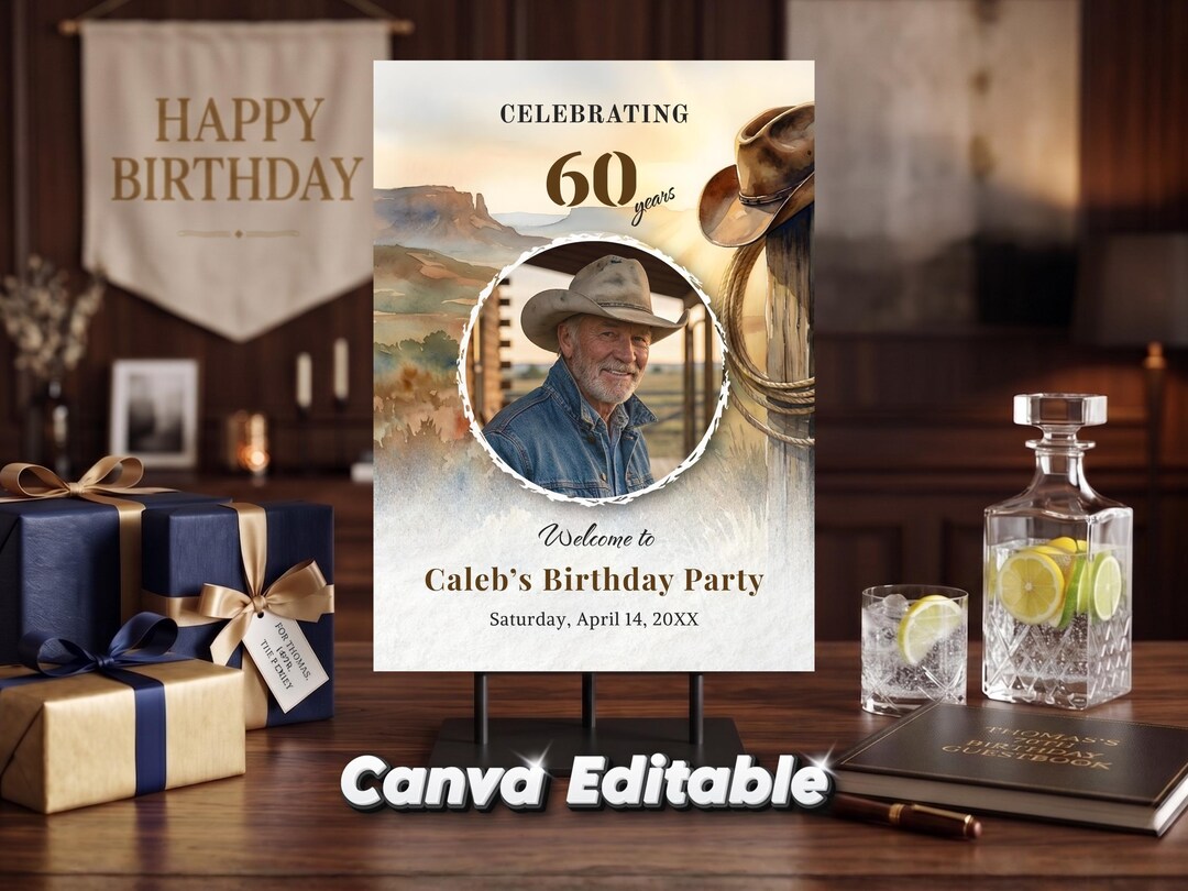 Western 60th Birthday Welcome Sign, Cowboy Photo Display Poster, Canva ...