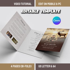 May include: A bi-fold obituary template with a brown and white design. The cover features a photo of a man, a deer, and the text "A Celebration of Life." The template includes the text "Obituary" and "Order of Service."