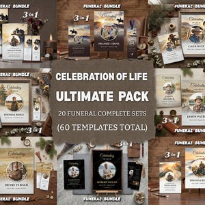 Puede incluir: Una colección digital de 20 conjuntos funerarios completos que suman 60 plantillas, con varios diseños para programas de celebración de la vida, marcapáginas y tarjetas conmemorativas con marcos circulares y el texto Celebration of Life Ultimate Pack.