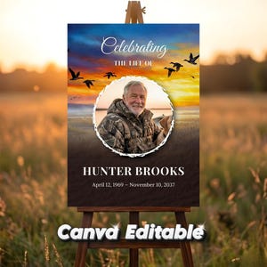 Könnte beinhalten: Ein Gedenkschild auf einer Staffelei mit dem Text "Celebrating the Life of Hunter Brooks". Das Schild zeigt ein Foto eines Mannes, einen Sonnenuntergang und fliegende Vögel. Die Daten 12. April 1969 - 10. November 2037 sind ebenfalls enthalten. Die Worte "Canva Editable" stehen unten.