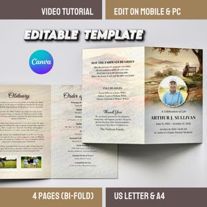 May include: A bi-fold memorial template with the text "EDITABLE TEMPLATE" and "VIDEO TUTORIAL". The template includes an obituary, order of service, and a celebration of life for Arthur J. Sullivan. The template is available in US Letter and A4 sizes.