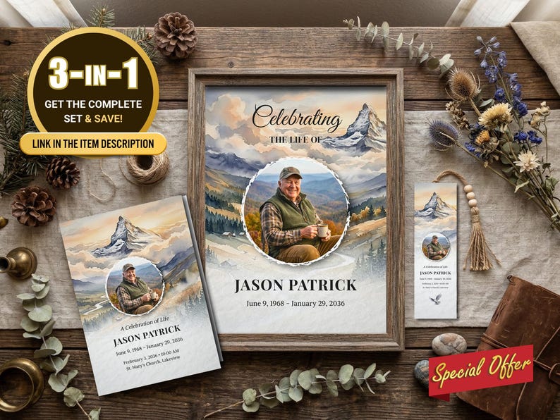 Mountain Funeral Program Template, Hiking Celebration of Life Obituary