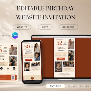 May include: An editable birthday website invitation template displayed on a laptop screen, a smartphone, and a printed card. The design features a rust-colored background, photo placeholders, and text including names like Daniel Foster and Claire Bennett.