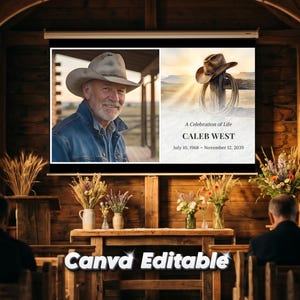 May include: A memorial service scene with a screen displaying a photo of a man in a cowboy hat and the text "A Celebration of Life CALEB WEST July 10, 1968 - November 12, 2039." The image is in a wooden chapel with floral arrangements.