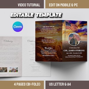 Op de afbeelding: Een dubbelgevouwen herdenkingssjabloon met de tekst "Obituary" en "Order of Service". De sjabloon bevat een foto van een man in uniform, een Amerikaanse vlag en de tekst "A Celebration of Life". De sjabloon is voor Col. James Sterling.