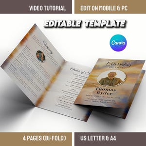 Può includere: Un modello di necrologio pieghevole aperto per rivelare le pagine interne. La copertina mostra una foto e il testo "Celebrating the Life of Thomas Ryder". Il modello include il testo "Editable Template", "4 Pages (Bi-Fold)" e "US Letter & A4".