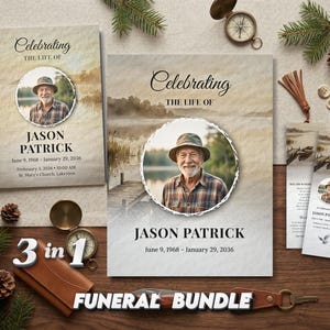 Könnte beinhalten: Ein Trauerpaket mit einer Gedenkkarte, einer größeren Karte und zwei Lesezeichen. Die Karten und Lesezeichen zeigen ein Foto eines Mannes mit Hut und den Text "Celebrating the Life of Jason Patrick". Ein Lederportemonnaie und ein Kompass sind ebenfalls enthalten.