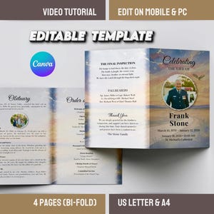 May include: A bi-fold editable template with a Canva logo. The template includes an obituary, order of service, and a memorial service program. The design features a sunset background and includes the text "Celebrating the Life of Frank Stone."