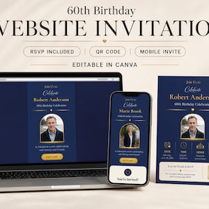 May include: A 60th birthday website invitation template displayed on a laptop screen, a smartphone, and a printed card. The design features a dark blue background with gold text, including the names Robert Anderson and Maria Brook, and a QR code.