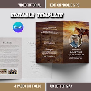 May include: A bi-fold obituary template with a western theme. The cover features a cowboy on horseback at sunset. The inside pages include an obituary, order of service, and thank you message. Text includes "Editable Template" and "Video Tutorial".