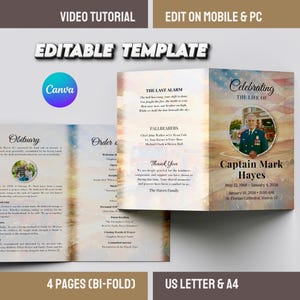 May include: An editable bi-fold template for a memorial service, featuring a photo of Captain Mark Hayes. The design includes the text "Celebrating the Life of" and "Obituary". The template is available in US Letter and A4 sizes, with a video tutorial.