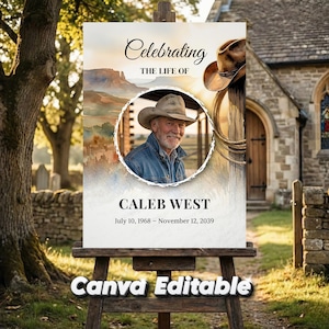 Könnte beinhalten: Ein Gedenkschild auf einer Staffelei mit einem Porträt von Caleb West. Auf dem Schild steht "Celebrating the Life of Caleb West" mit seinen Geburts- und Sterbedaten. Ein Cowboyhut und Landschaftskunst sind im Hintergrund. Die Worte "Canva Editable" stehen unten.