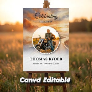 以下が含まれることがあります： イーゼルに立てられた記念の看板で、「Celebrating the Life of Thomas Ryder」と書かれています。看板には、バイクに乗った男性の水彩画が描かれています。1963年6月15日～2035年10月12日の日付も含まれています。「Canva Editable」の文字が下部にあります。