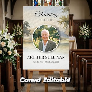 May include: A memorial sign on a wooden easel. The sign reads "Celebrating the Life of Arthur Sullivan" with a photo of a man. The sign includes the dates June 15, 1963 - October 12, 2036. The words "Canva Editable" are at the bottom.