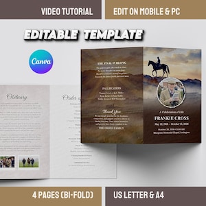 Peut inclure: Modèle de faire-part funéraire pliable en deux. Il comprend les textes « Obituary » et « Order of Service ». La couverture présente une photo d'un homme à cheval et le texte « A Celebration of Life ». Le modèle comprend les textes « Video Tutorial » et « Edit on Mobile & PC ».
