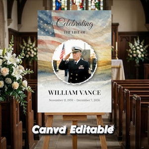 US Navy Memorial Welcome Sign, American Flag, Veteran Funeral (Canva Template)