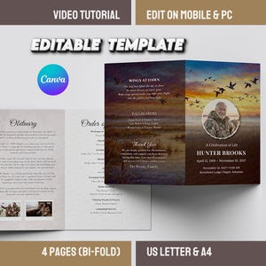Könnte beinhalten: Eine zweiseitige Gedenkvorlage mit dem Text "Bearbeitbare Vorlage" und "Video-Tutorial". Die Vorlage enthält einen Nachruf, eine Gottesdienstordnung und eine Feier des Lebens für Hunter Brooks. Die Vorlage ist in den Formaten US Letter und A4 erhältlich.