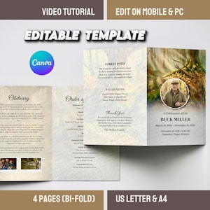 May include: A bi-fold editable template with the text "Editable Template" and "Video Tutorial". The template includes a Canva logo and the text "A Celebration of Life" with the name "BUCK MILLER". The template is labeled "US LETTER & A4".