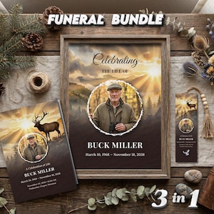 May include: A funeral bundle comprising a framed memorial portrait, a booklet, and a bookmark. The portrait and booklet feature a man's image with a deer illustration. The text reads "Celebrating the Life of Buck Miller."