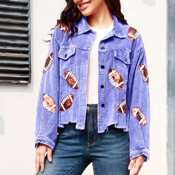 Sequin Football Patch Collared Neck Snap Button Jacket