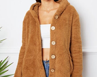 Fuzzy Button Up Hooded Outerwear