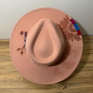 Custom Wide Brim Felt Burned Hat - Sunflower Butterflies - Burned Western Hat - Feather Hat - Burned Cowgirl Hat
