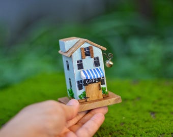 Hand-Painted Miniature Blue Cafe House | Wooden Fairy Garden Cottage