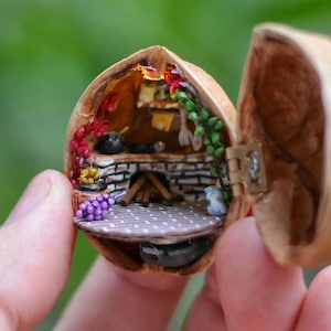 Puede incluir: Una detallada casa de hadas en miniatura, construida dentro de una cáscara de nuez. El interior presenta una pequeña chimenea de ladrillo, muebles en miniatura y vibrantes decoraciones florales. La cáscara de nuez se mantiene abierta, revelando el interior.